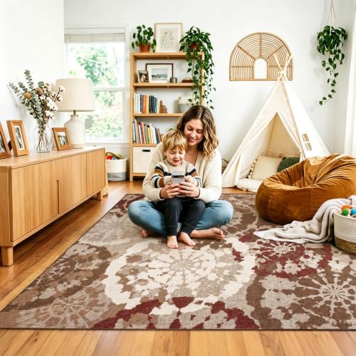Boho Modern 5x7 Area Rug, Washable Non-Slip Low-Pile Abstract Rugs - Image 2