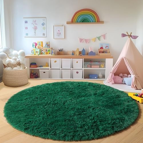 ONASAR Dark Green Round Area Rugs 6ft, Ultra Soft Bedroom Circle Rug for Kids Girls Teen Room, Furry Plush Shaggy Carpet Floor Mat for Baby Nursery Living Room Playroom Dorm Home Decor - Image 3