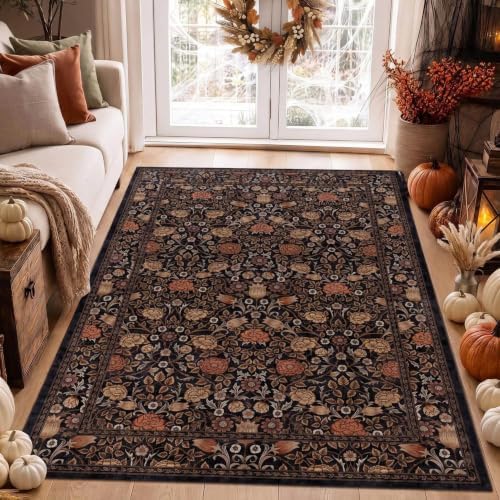 GarveeHome Dark Brown Floral Washable Rug 5x7 for Bedroom Living Room by GarveeHome