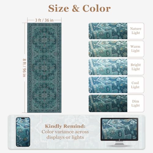 Washable Hallway Runner Rug 3'x8', Vintage Medallion, Boho Teal - Image 2