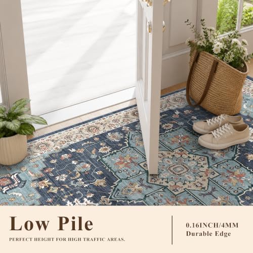 Vintage Area Rug 5x8: Machine Washable Area Rug for Living Room Blue Teal - Image 4