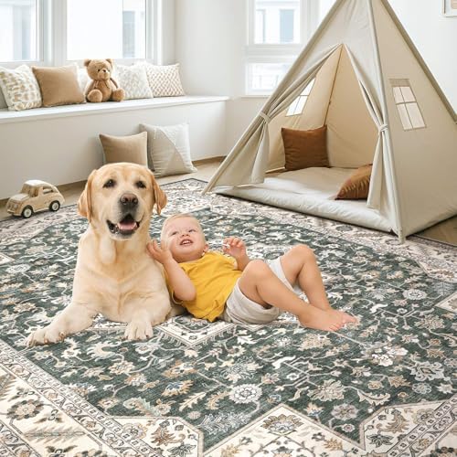 cotiled 5x7 Area Rug for Living Room, Washable, Traditional, Vintage Green - Image 5