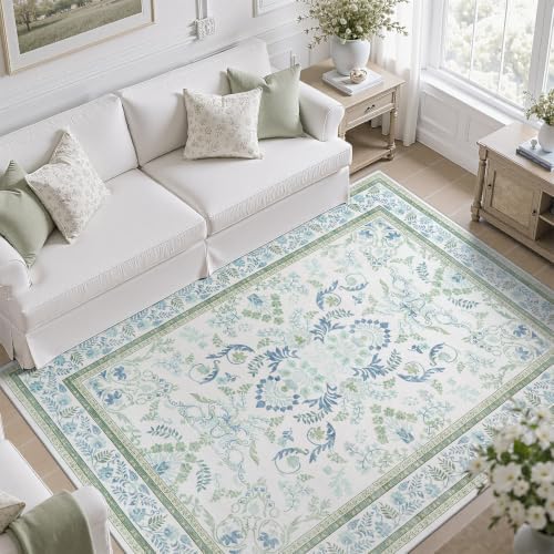 DCX 8x10 Area Rug Living Room: Washable Botanical Carpet Blue and Green - Image 3