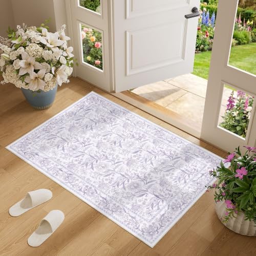 DUKINO 2x3 Rug, Washable Vintage Floral Bathroom Rugs Non Slip, Purple - Image 3