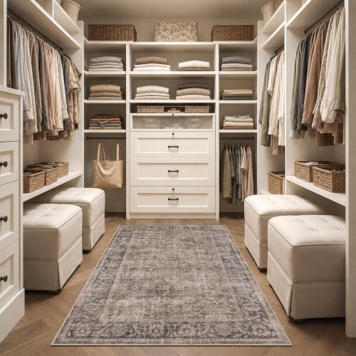 Washable 3x5 Entryway Non-Slip Area Rug Retro Taupe Navy Throw Carpet - Image 3