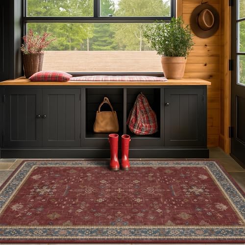 Washable 3x6 Entry Way Rugs Indoor - Burgundy Large Kitchen Rug, Non Slip Unique Bohemian Red Low Pile Thin Carpet for Bedroom Bedside, Foyer - Image 6