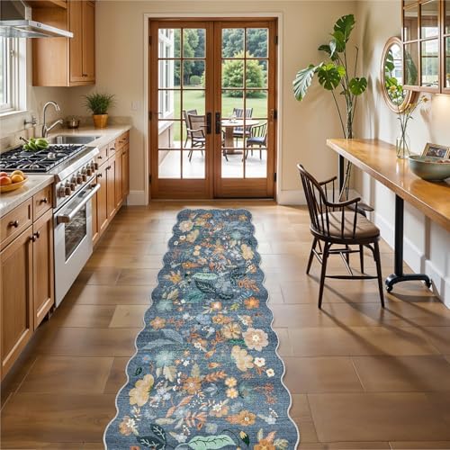 Washable 2x10 Runner Rug for Hallway: Floral Scalloped Kitchen Rugs Blue by BYYVOORugsforYourHome