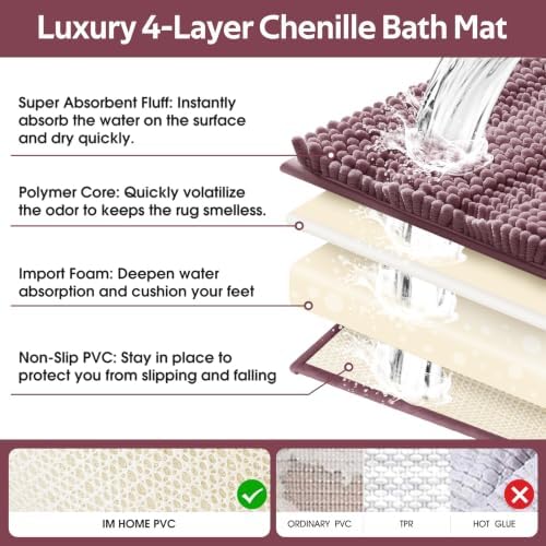Striped Mauve Bathroom Rug Set 3 Pieces Ultra Soft, Non Slip Chenille Bath Carpet, Absorbent Plush Shaggy Bath Mats for Bathroom, Toilet, Bedroom, Kitchen - Image 5