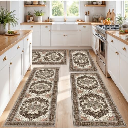 Kitchen Rug Sets 4 Piece Non-Slip: Washable Boho Kitchen Mats for Floor with Rubber Backing - Vintage Soft Low Pile Carpet Runner Throw Rugs for Sink,Entryway,Hallway,Bathroom(Brown,2x3+2x4+2x5+2x6) by YOUFORTONG