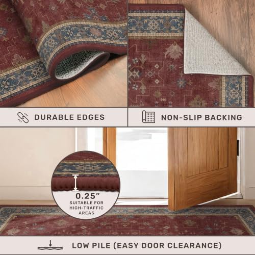 Burgundy 2x3 Washable Rugs for Entryway Indoor, Boho Kitchen Rug for Floor, Bathroom, Doormat Indoor Entrance, Waterproof Non Slip Low Pile Stain & Fade Resistant, Modern Eclectic Floral Decor - Image 5