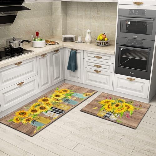 Sunflower Kitchen Rugs Set of 2,Farmhouse Style Kitchen Decor Kitchen Mat Non-Slip Washable,Farmhouse Kitchen Decor Anti Fatigue Floor Mat for Kitchen Sink Laundry Room, 17x30+17x47Inch - Image 5