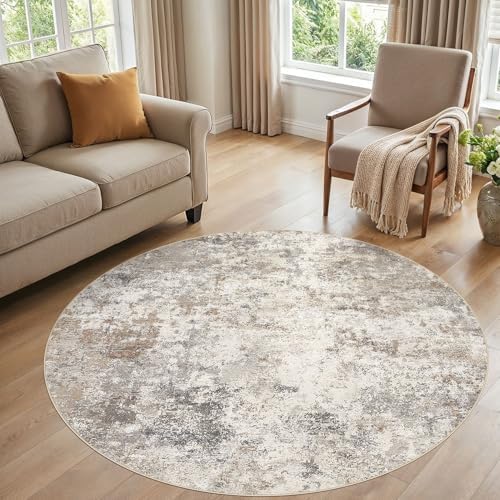 UERMEI 6ft Round Area Rug Living Room Rugs - 6x6 Washable Neutral Modern Abstract Soft Thin Rug Indoor Floor No Slip Rug Carpet for Bedroom Under Dining Table Home Office Decor - Brown Grey by UERMEI