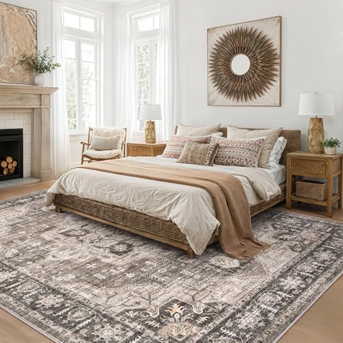 Area Rugs 9x12 Living Room: Washable Vintage Dark Brown Rug - Image 3