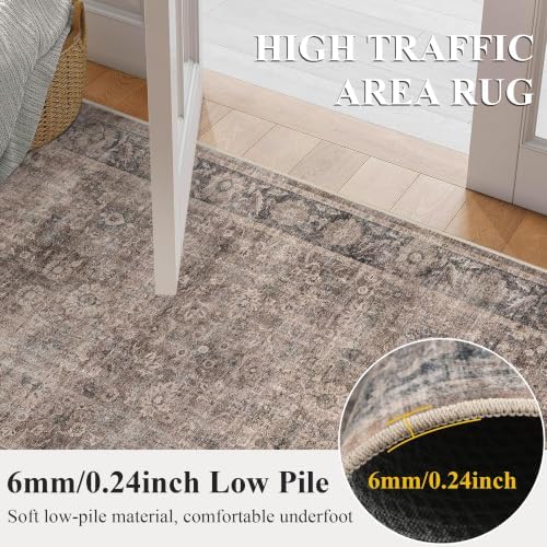 Washable 5x7 Bedroom Non-Slip Area Rug Retro Taupe Navy Throw Carpet - Image 6