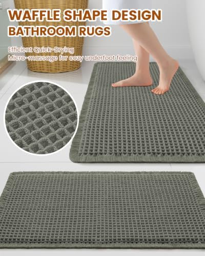 Smiry Waffle Bath Mat 30X20, Extra Soft Absorbent Bathroom Rugs, Green - Image 2