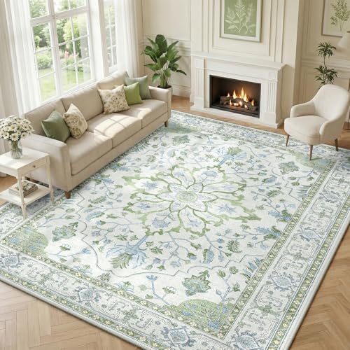 RELEANY Washable Area Rug, Large 10'x12', Green/White/Blue by RELEANY