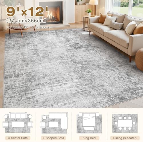 kakania Abstract 9x12 Area Rugs for Living Room: Washable Rugs Grey White - Image 2
