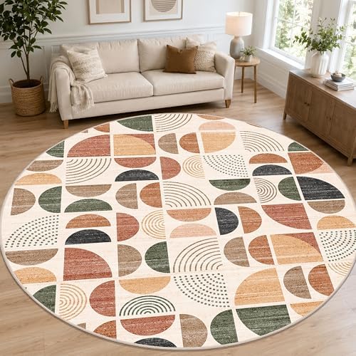 MUJOO Round Rugs 9ft,Circle Area Rug Washable Non Slip Modern Abstract by MUJOO