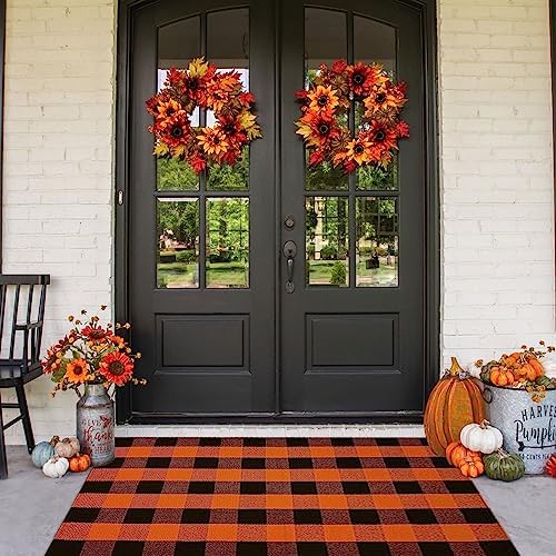 Fall Outdoor Rug Orange Buffalo Plaid Outdoor Rug Cotton Hand-Woven Buffalo Check Rug Layered Doormats for Front Door/Front Porch/Farmhouse/Entryway/Patio (Orange and Black Plaid, 3' x 5') by CAINANEL