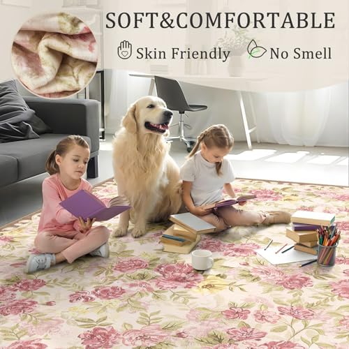 Washable 6ft Round Area Rug, Cream Boho Floral Non-Slip for Living Room - Image 4