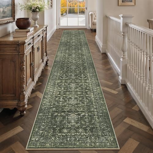 2x12 Washable Kitchen Runner Rug Soft Vintage Dark Green Throw Carpet by HOME