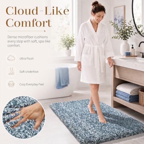 Yimobra Bathroom Rugs Non Slip Washable 24x17, Bath Mat, Denim Blue&White - Image 2