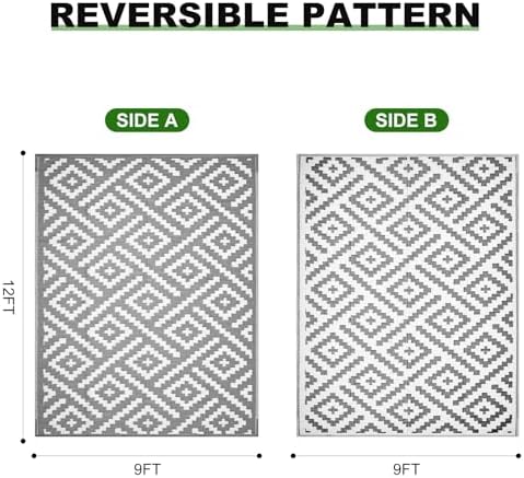 RURALITY Outdoor Rugs 9x12 Feet for Patios Clearance,Plastic Straw Waterproof Mats for Backyard,Porch,Deck,Balcony,Grey&White - Image 2