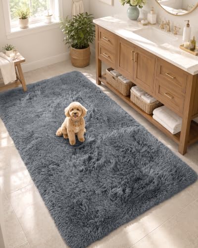 OLANLY 3x6 Machine Washable Runner Rugs for Hallway, Soft Fluffy Shaggy Bedside Rugs for Bedroom, Living Room, Indoor Floor Carpet for Kids Girls and Boys, Nursery Rooms, Home Decor Aesthetic, Grey by OLANLY