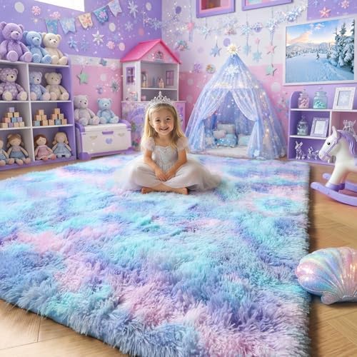 Amdrebio Purple Rainbow Mermaid Plush Area Rug 5x7 for Girls Kids Bedroom by Amdrebio