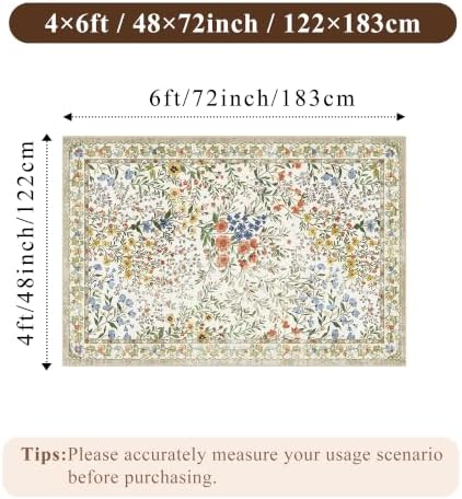 4x6 Washable Entryway Area Rug: Non Slip Floral Washable Entry Rug Living Room Area Rug for Indoor Floor Kitchen Bedroom - Soft Thin Door Mat Carpet Boho Vintage Home Decor (4'x6', Beige) - Image 2