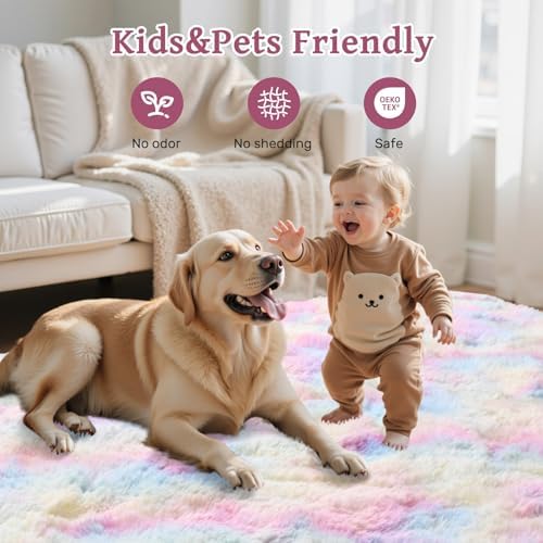 6x9 ft Fluffy Rainbow Area Rug for Bedroom Soft Fuzzy Living Room Rug Non-Slip Shag Rugs Carpet for Nursery Kids Play Room Dorm Office Indoor Modern Plush Carpets - Image 5