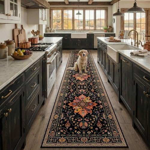 RELEANY Washable Area Rug, Runner 2'x10', Black/Colorful by RELEANY