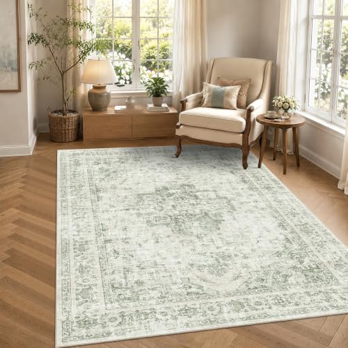 4x6 Washable Bedroom Area Rug Non-Slip Medallion Green Throw Carpet - Image 3