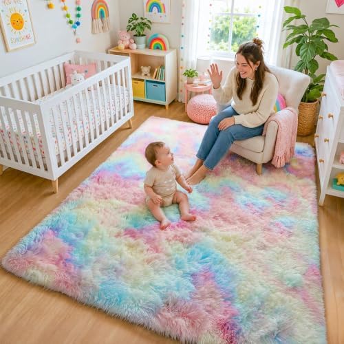 Rainbow Area Rugs for Girls Bedroom Living Room, Fluffy 4x6 Kid Bedside Rug - Image 5