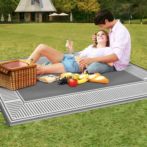 GAOMON Large Outdoor Camping Rug 9x18 Modern Bordered Reversible Outdoor Carpet, Foldable Retro Plastic Straw Rug, Portable Outside Patio Rugs Floor Mat for Porch, Beach, Balcony, Backyard,Border-Grey - Image 7