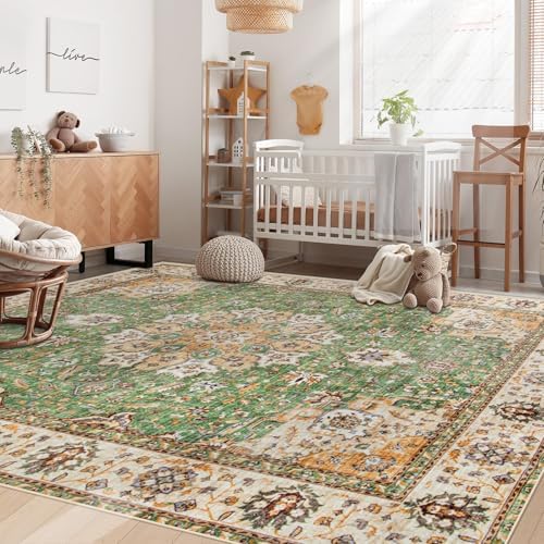 Area Rug 6x9 Washable Rug, Vintage Boho Medallion Rugs Non-Slip Soft Low Pile Large Distressed Rug Indoor Retro Carpet for Living Room Bedroom Dining Room Home Office (Vintage Green, 6'x9') - Image 3