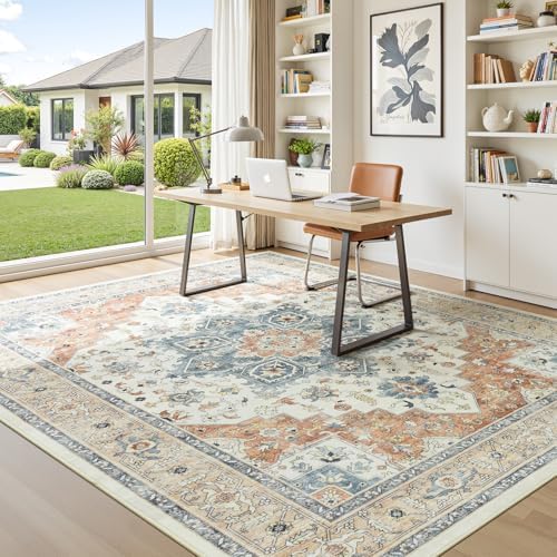 5x7 Area Rugs for Living Room, Boho Washable Rug Beige & Orange - Image 5