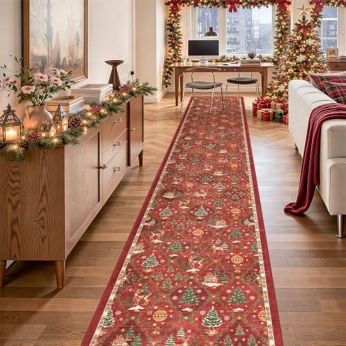 Christmas 2x12 Runner Rugs for Hallway, Red Non Slip Washable Kitchen Rug by Soalmost