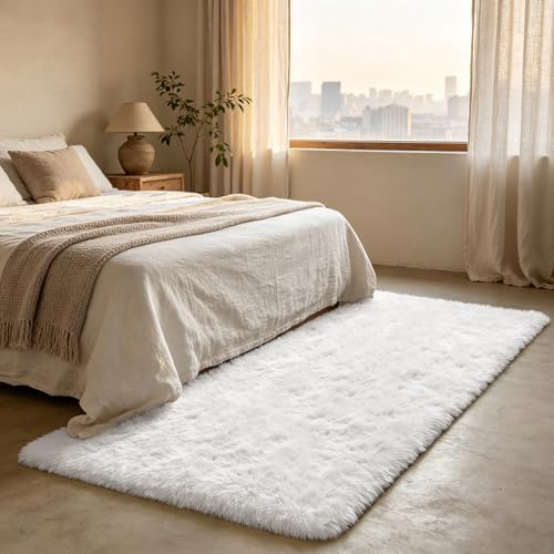 Shag Runner Rug for Bedroom Living Room 2x6 Upgrade Non-Slip Fluffy Soft Bedside Rugs,White Shaggy Carpet for Livingroom Dorm Home Decor Aesthetic - Image 3