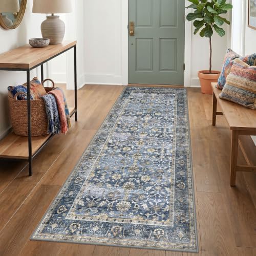 KUTA Vintage Washable Wide Runners for Hallways 3x7 Blue Grey Beige by KUTA