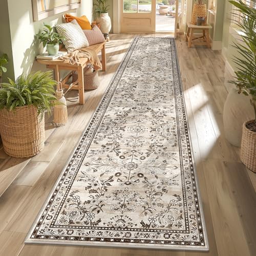 Yamaziot 2x12 Washable Hallway Runner Rug Non Slip Floral Carpet, Brown by Yamaziot
