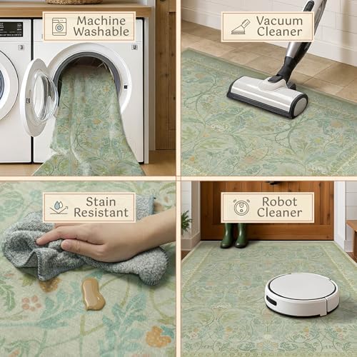Large 8x10 Bedroom Area Rug, Washable Living Room Rugs, Floral and Botanical Shabby Chic Décor, Non Slip & Low Pile Soft Carpet (Sage Green) - Image 4