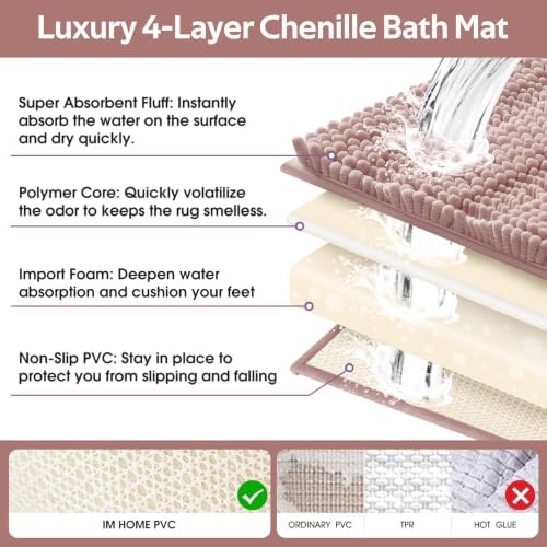 Striped Dusty Pink Bathroom Rug Set 3 Pieces Ultra Soft, Non Slip Chenille Bath Carpet, Absorbent Plush Shaggy Bath Mats for Bathroom, Toilet, Bedroom, Kitchen - Image 5