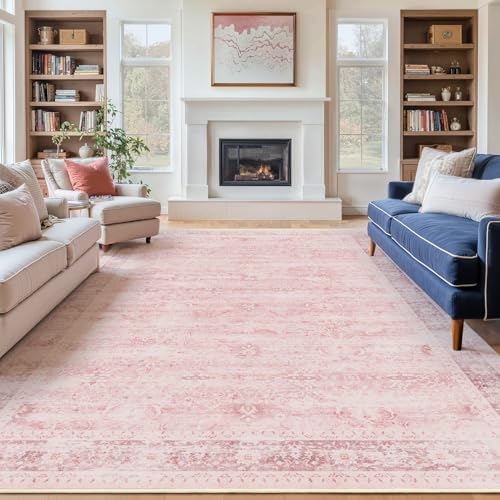 Pink Rug 8x10 for Living Room, Aesthetic Distressed Area Rugs for Bedroom Girls Playroom, Washable Non Slip Nursery Rug Stain Resistant, Low Pile Thin Carpet Rug for Dining Room Home Office by Jainmy