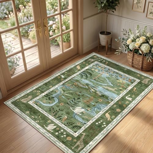 2x3 Washable Area Rug for Entryway Non Slip Safari Nursery Rug Green Kids Room Rugs Low Pile Stain Resistant Jungle Animal Print Rugs Small Throw Mat for Living Room Bedroom Girls Room, Green - Image 3