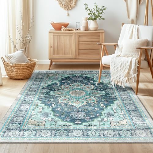 BESTSWEETIE Washable Boho 3x5 Area Rug for Living Room, Teal Dark Green by BESTSWEETIE