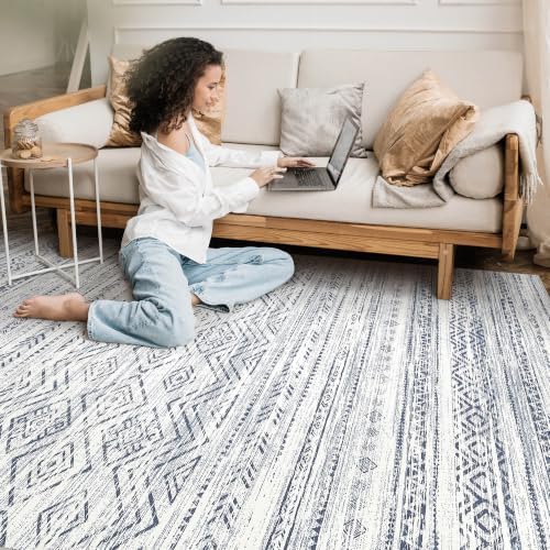 Tortania Area Rug Living Room Rugs- 9x12 Washable Large Soft Neutral Boho Moroccan Bohemian Farmhouse Rug Indoor Floor Carpet for Bedroom Under Dining Table Home Office Decor - Dark Blue - Image 7