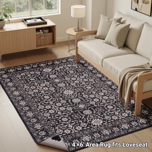 RCTJHOME 4x6 Black Floral Gothic Washable Area Rug Non-Slip Soft Carpet - Image 2