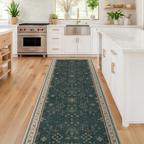 Dark Green 2x5 Kitchen Rug - Modern Vintage Boho Eclectic Floral Pastel, Washable Low Pile Non-Slip Small Runner Rugs for Entryway Door Mat Indoor Entrance, Bedroom, Hallway by HazoHaus