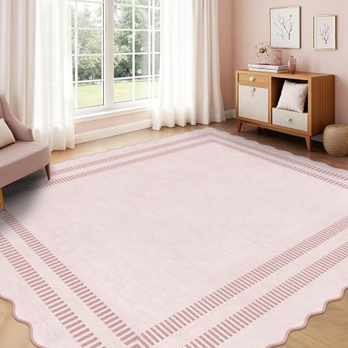 Pink Rugs for Living Room 9x12, Machine Washable Scalloped Area Rugs for Bedroom Girls, Non Slip Ultra-Thin Low-Pile Carpet for Playroom Nursery Kids Room - Image 7